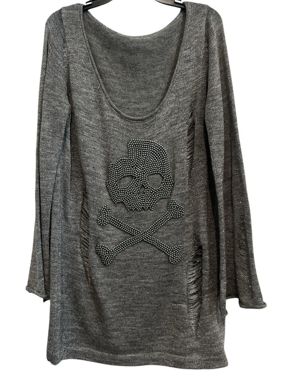 Chelsea & Violet Distressed Wide Scoop Neck Charcoal Knit Tunic withPearl Skull
